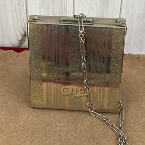 Vintage 2 Tone 1930's Silver Art Deco dance Purse Compact with subtle gold wash
